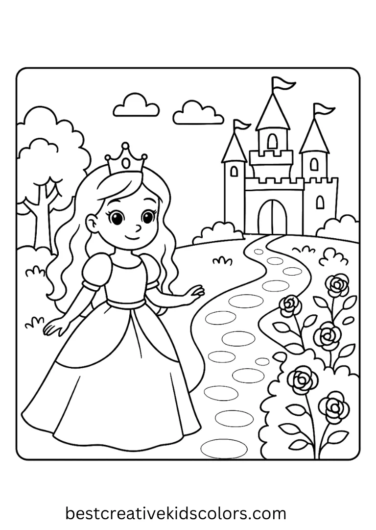 Bring fairytale stories to life by coloring princesses exploring castles and gardens.