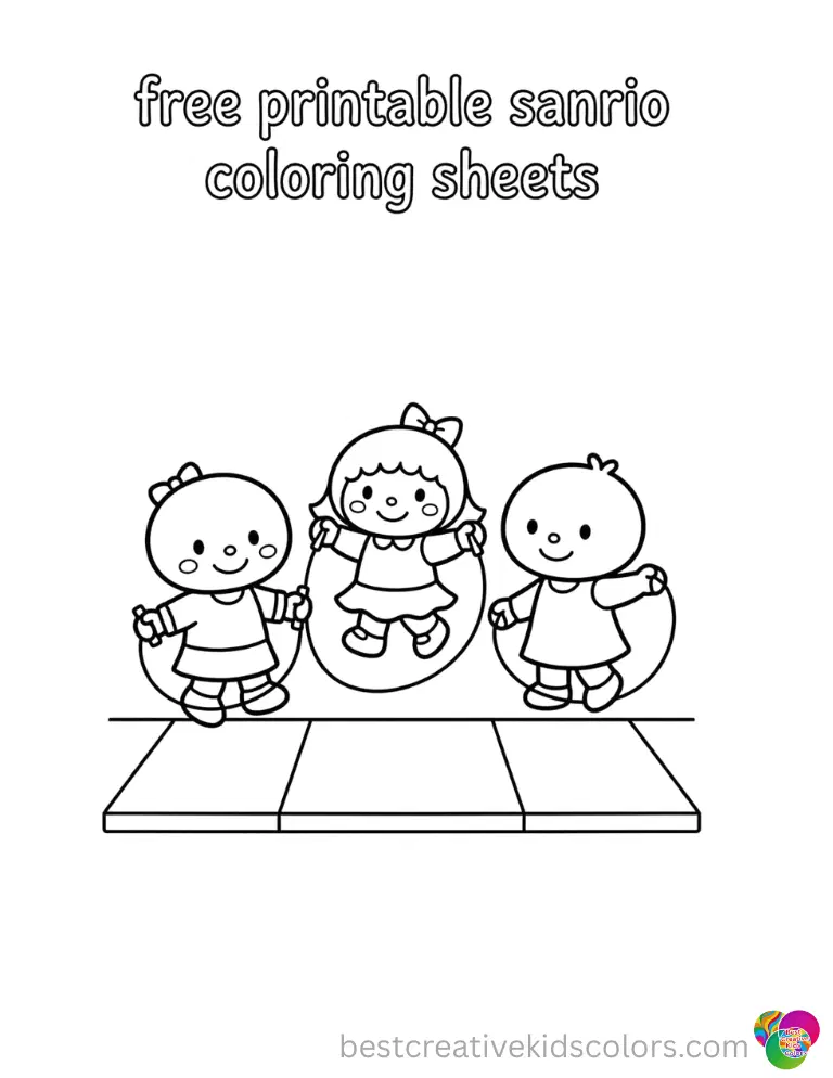 Sanrio characters enjoy skipping rope outside on a clean sidewalk.