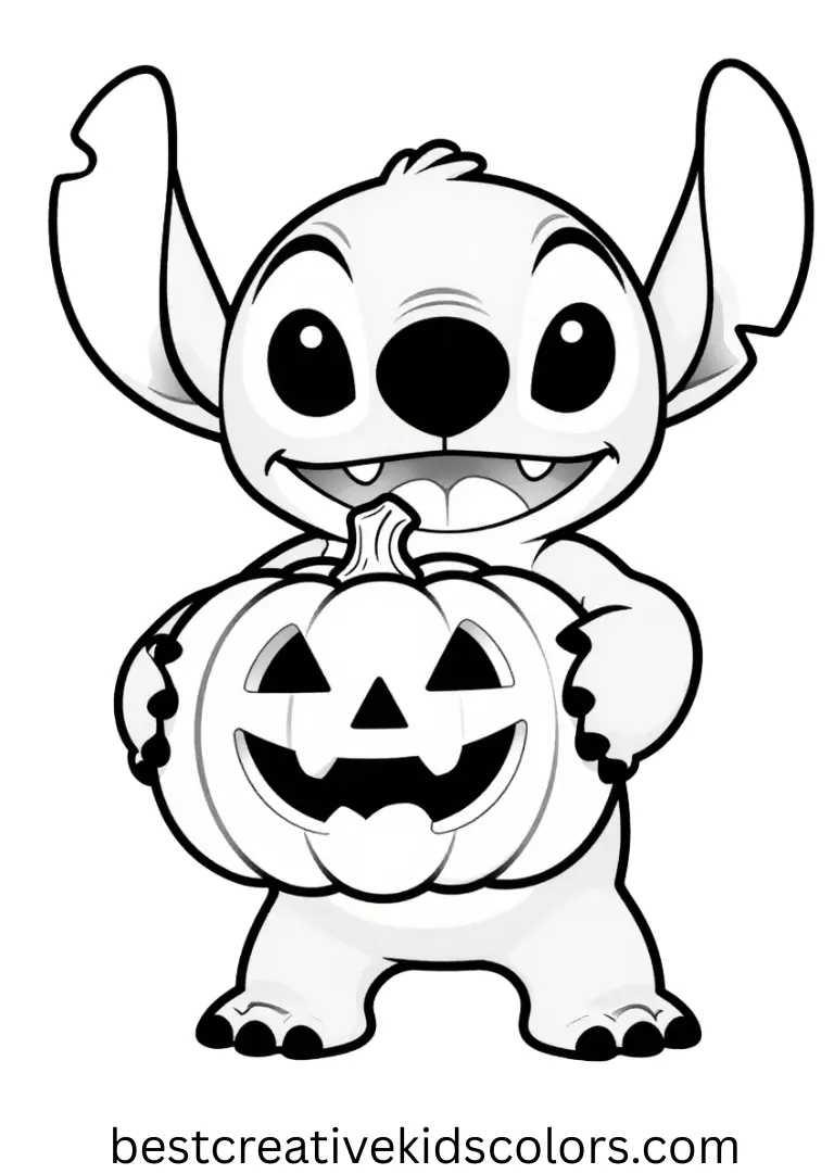 Free Printable Stitch Halloween Coloring Pages features Stitch carving a glowing pumpkin.