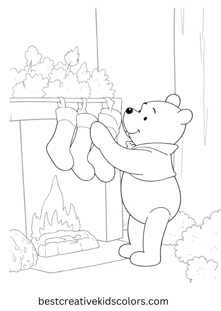 Free Printable Winnie the Pooh Coloring Pages – Pooh Hanging Pooh carefully hangs stockings on a cozy forest fireplace.