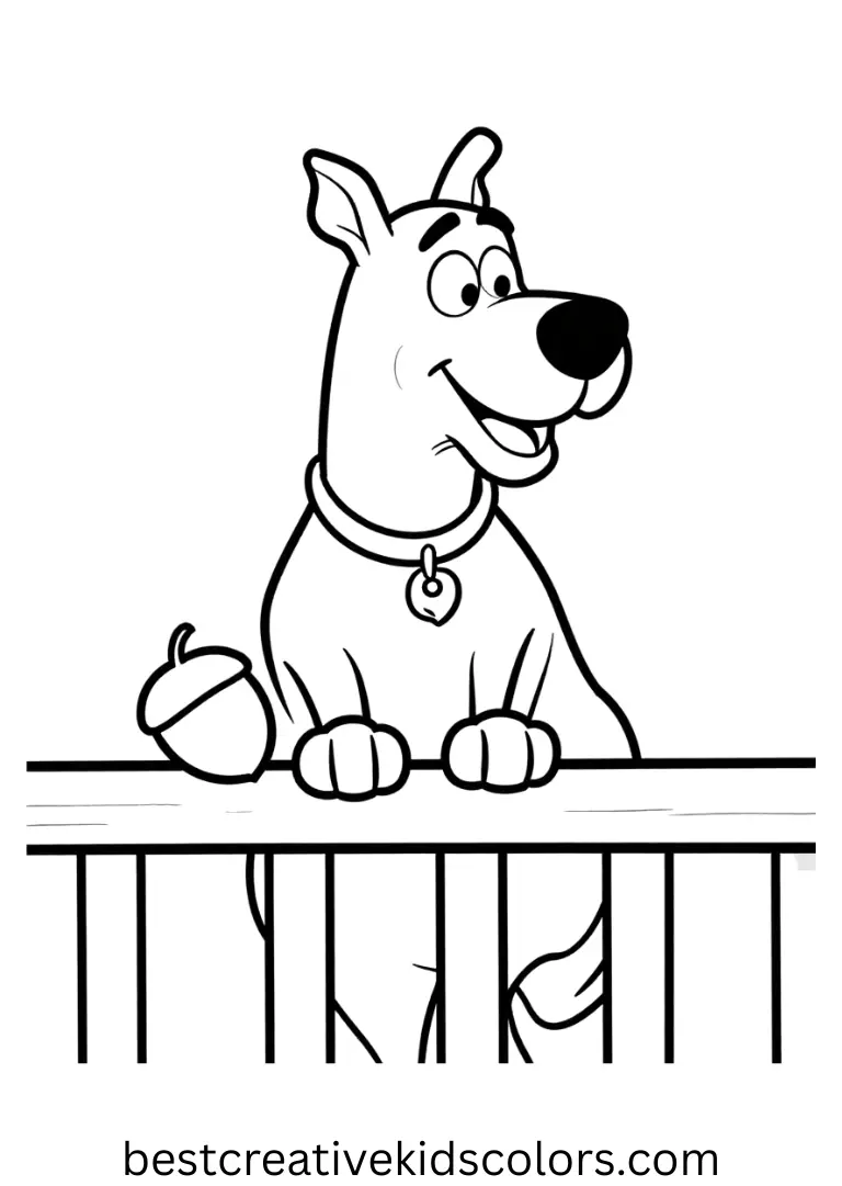 Free Scooby Doo coloring pages presents Scooby inspecting a tiny acorn resting on a porch rail.