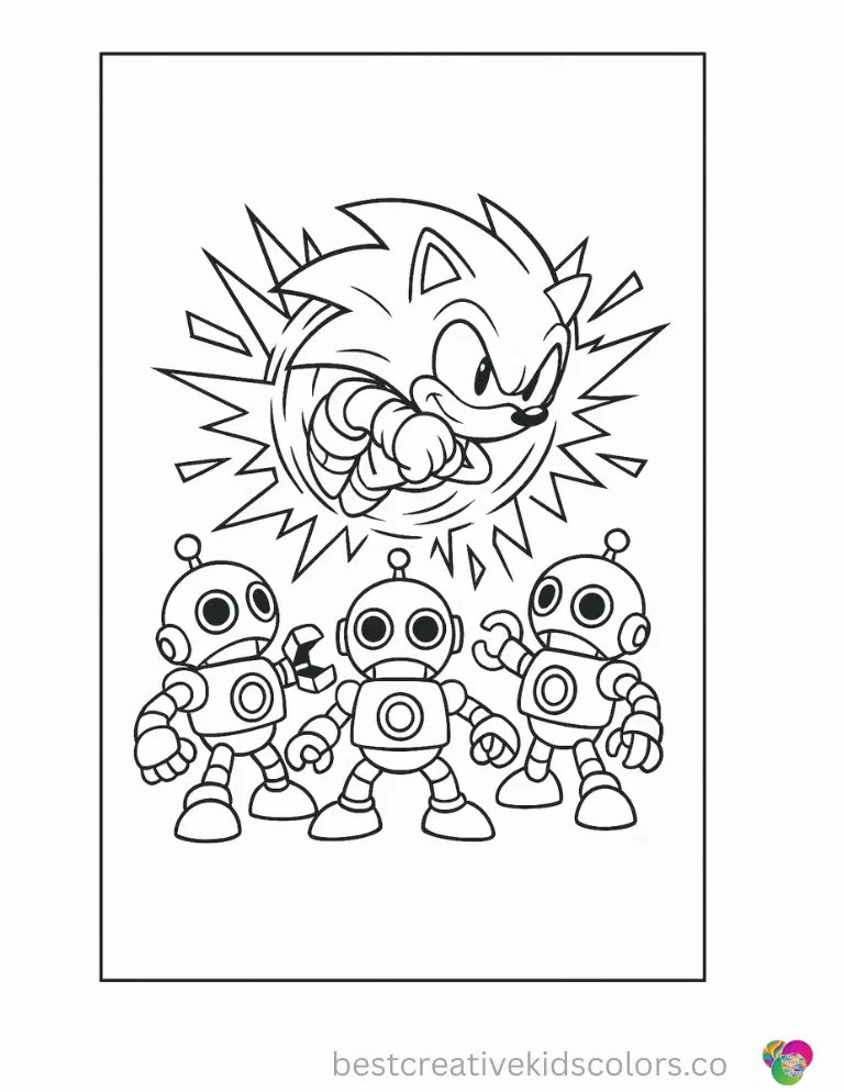 This page catches Sonic mid spin-attack, smashing through a line of Eggman's robots.
