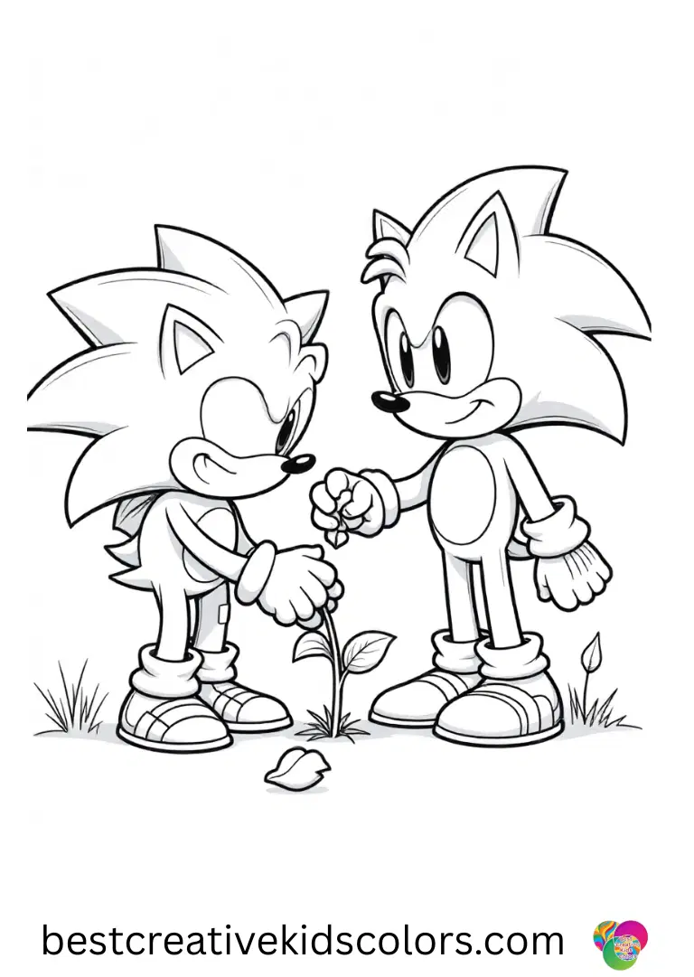 Free Sonic and Shadow Coloring Pages depict Sonic planting seeds while Shadow balances a leaf.