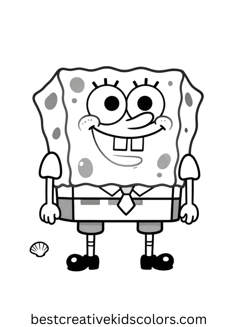 SpongeBob floats near tiny shells with joyful expressions in Free SpongeBob coloring pages PDF.