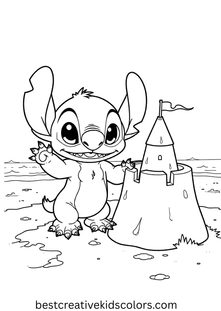 Free Stitch printables pdf captures Stitch building a sand fort near the shoreline.