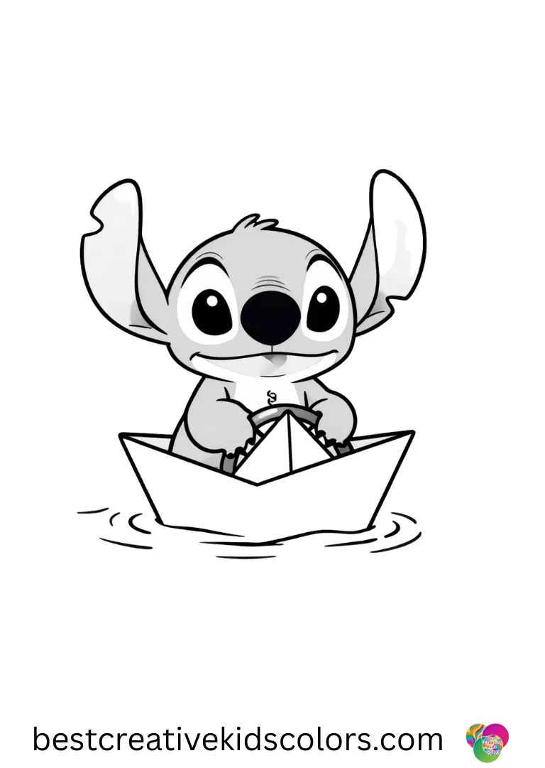 Stitch floats paper boats in a gentle river in Free Stitch printables.