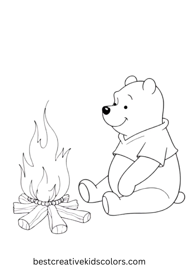 Free Winnie the Pooh Coloring Pages – Pooh Sitting by the Fireplace Pooh relaxes next to a warm fire with a peaceful smile.