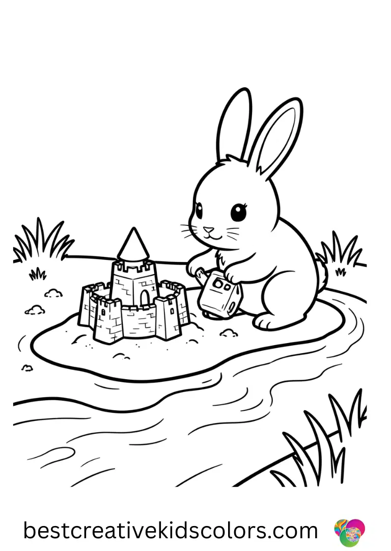 Free bunny coloring pages shows a bunny building a miniature sandcastle by a stream.