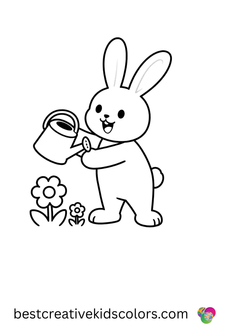 Free cartoon bunny coloring pages features a bunny tipping a watering can over a flower bed.
