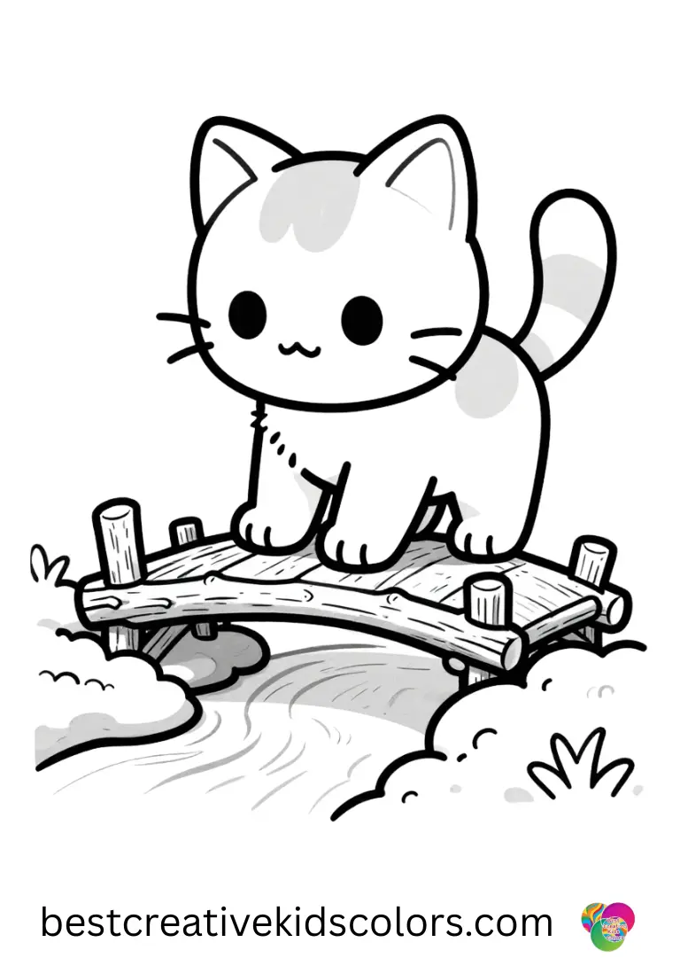 Free cat colouring pages shows a kitten building a miniature twig bridge over a tiny creek.