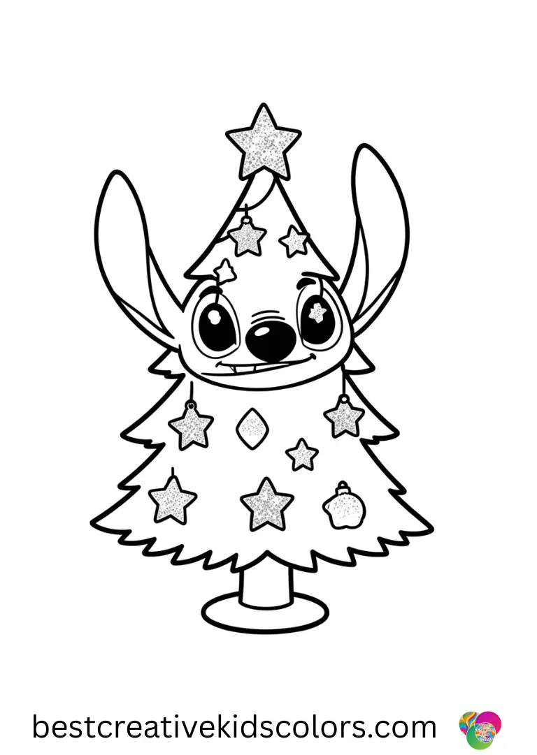Stitch decorates a mini Christmas tree with glittery stars in Free christmas stitch coloring page.