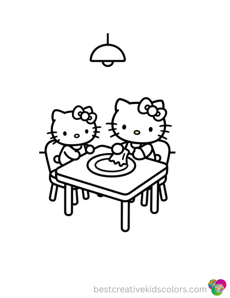Free coloring hello kitty printable displays Hello Kitty wiping a flat dining plate dry.