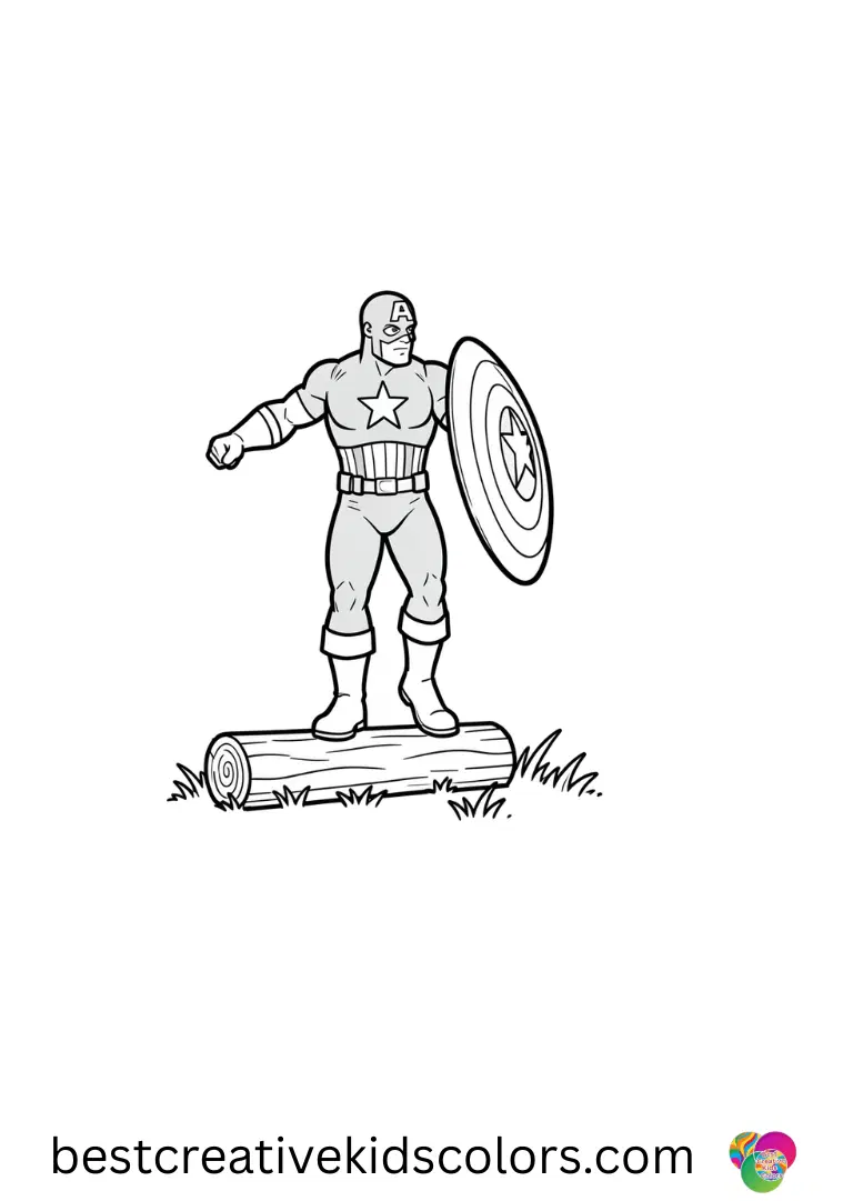Balancing on a small log over soft grass, Free coloring pages captain america depicts gentle steadiness.