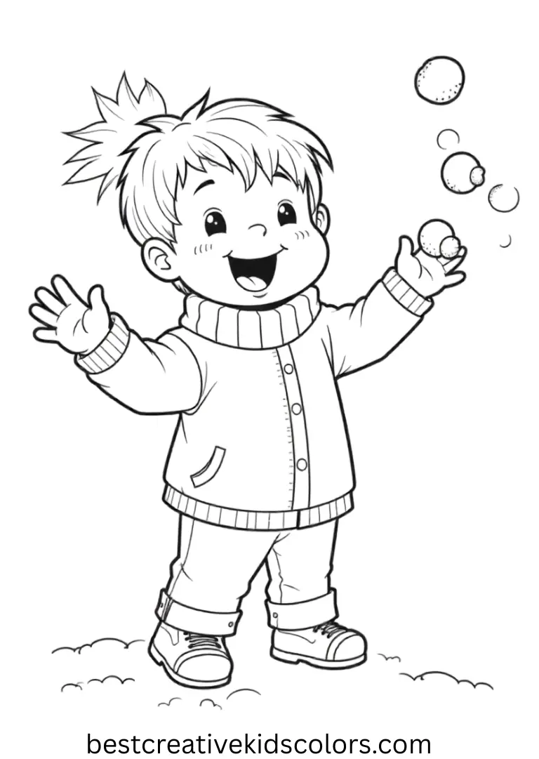 Free coloring pages for january month features a child tossing small snowballs gently.