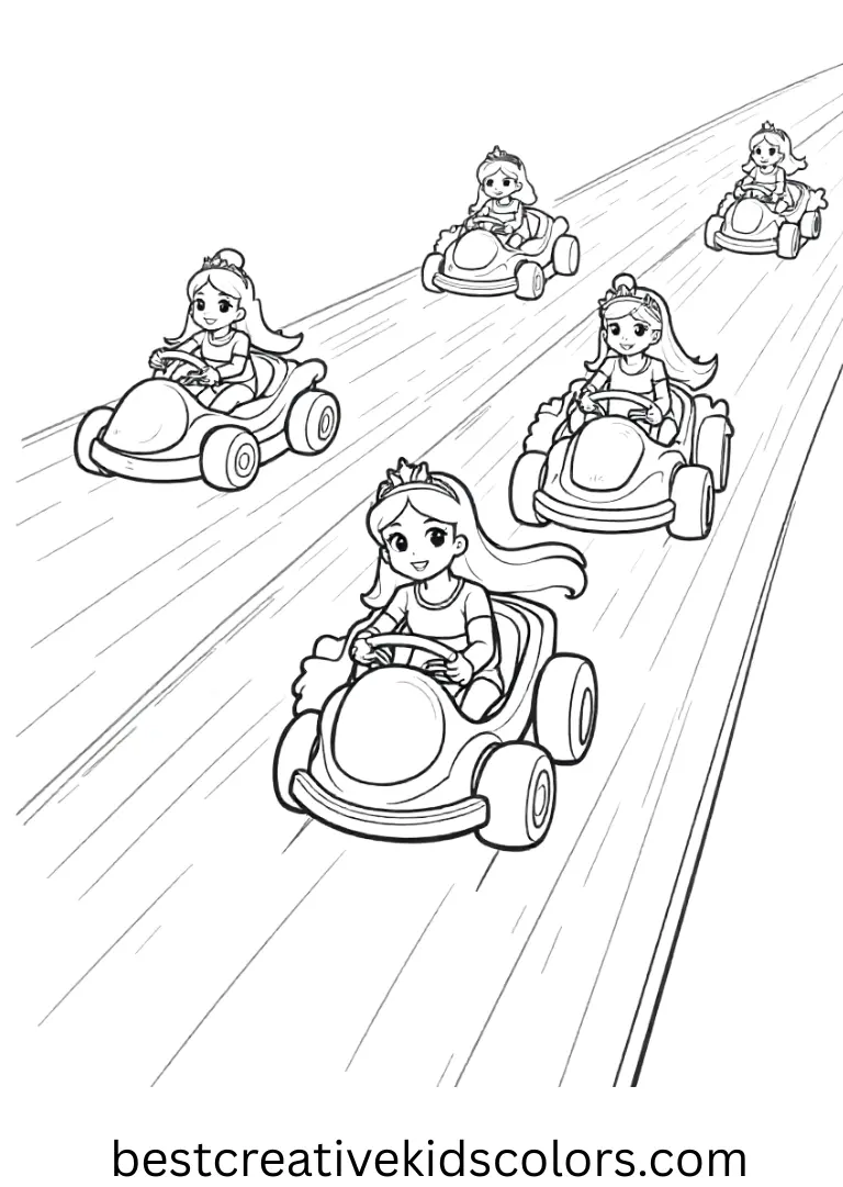 Free coloring pages for kids depicts princesses moving mini cars along winding tracks.