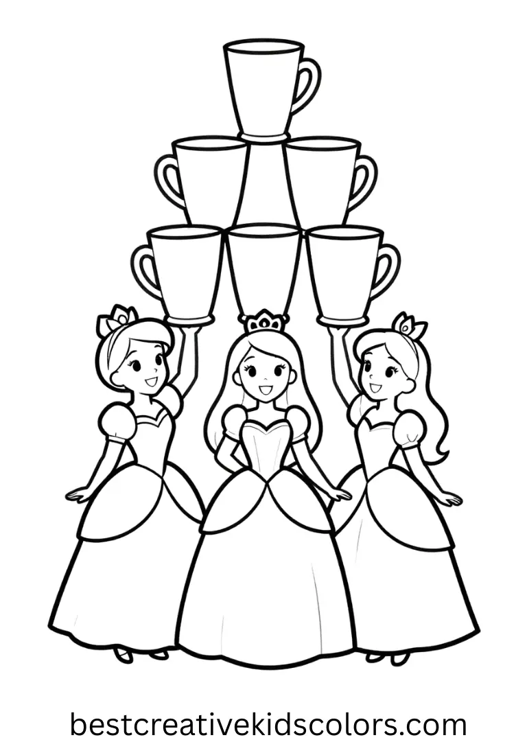 Free coloring pages printable shows princesses stacking cups to form towers.
