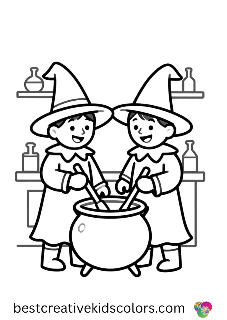 Free coloring pages printable Free coloring pages printable show friendly witches brewing potions in open magical labs.