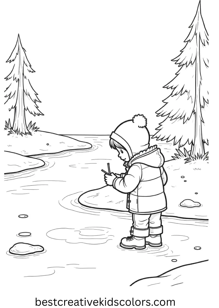 Free coloring pages printable captures a child tracing a pattern along a frozen pond.