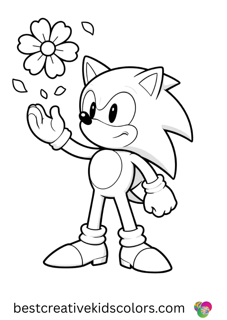 Free coloring pages sonic disney depicts Sonic tossing flower petals as he skips along a path.