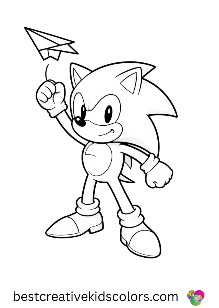 Free coloring pages sonic for kids shows Sonic tossing a small paper airplane while jumping.