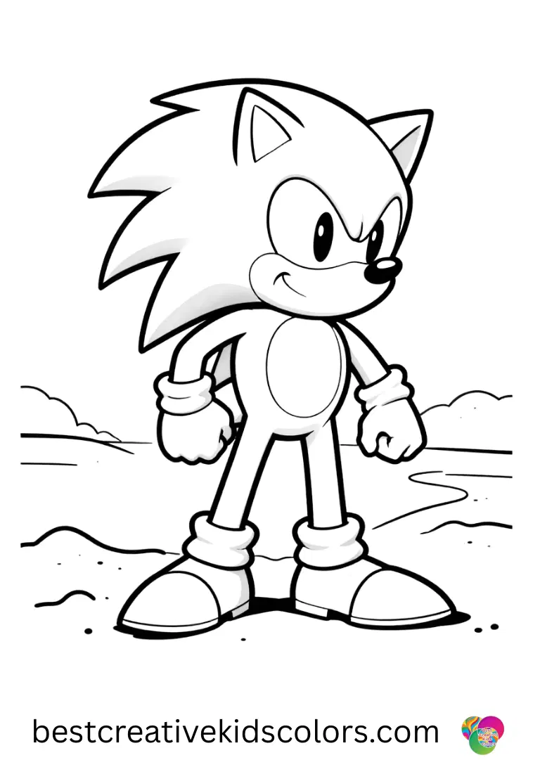 Free coloring pages sonic pdf depicts Sonic tracing shapes in the sand near a calm river.