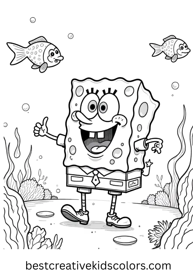Tiny fish swim around SpongeBob in Free coloring sheets for Toddlers PDF.