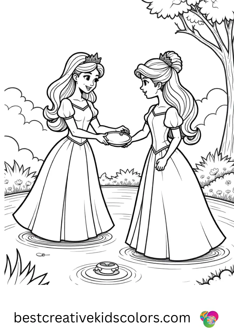 Free colouring sheets shows princesses moving small objects through a maze.