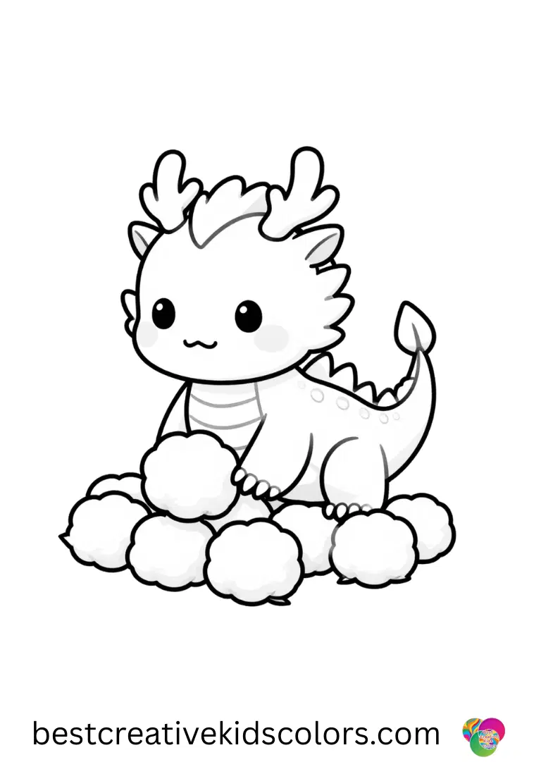 A dragon rolls soft cotton balls into neat piles in Free cute dragon coloring pages.