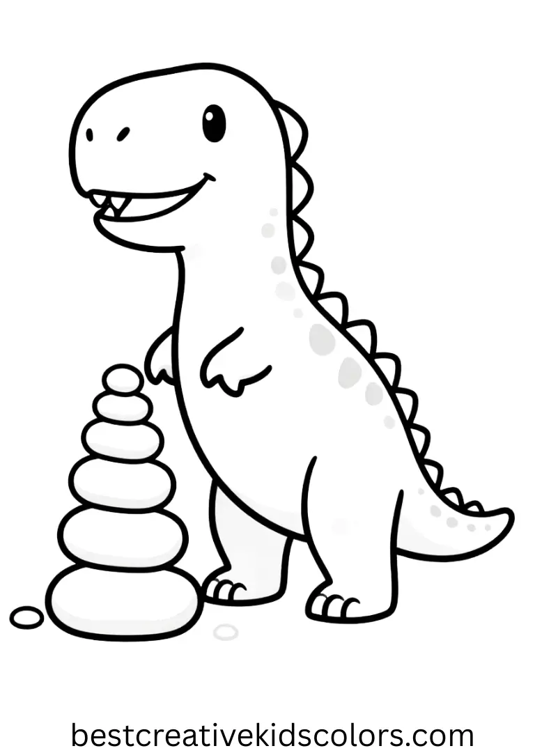 Free dinosaur colouring pages shows a dinosaur stacking tiny stones into a playful tower.