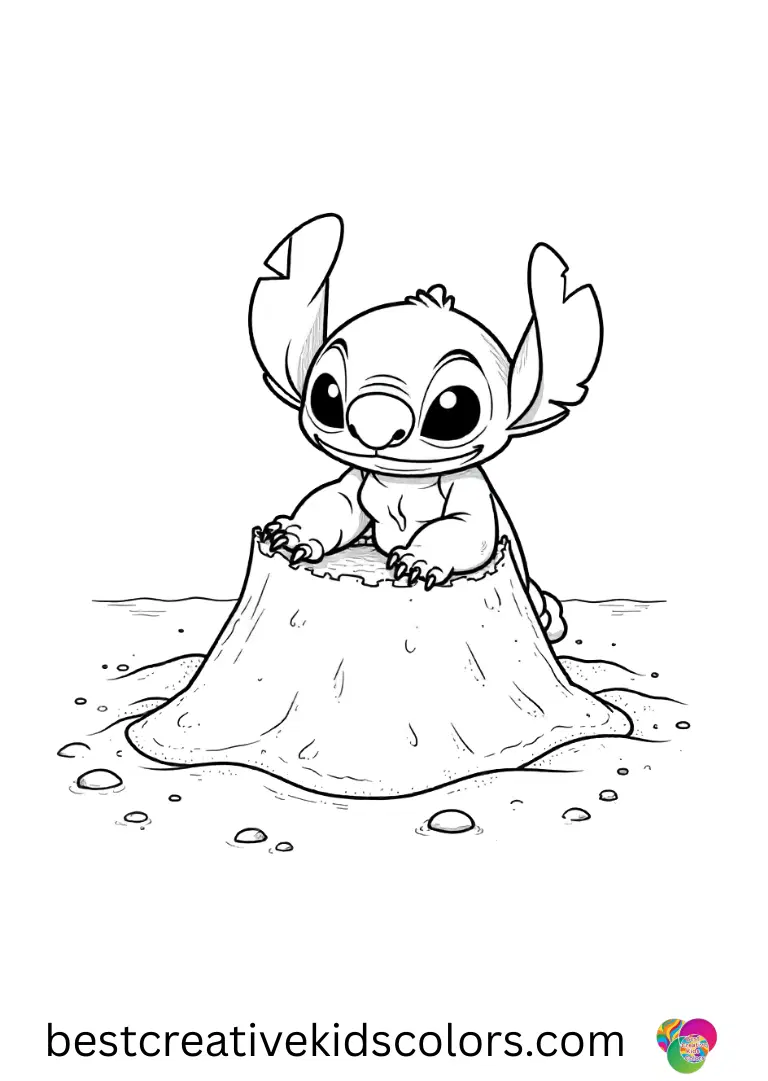 Free disney cute stitch coloring pages shows Stitch building a small sand fort by the ocean.
