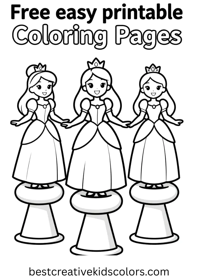 Free easy printable Coloring Pages shows princesses balancing foam rings on small cones.