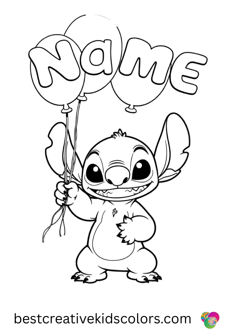 Free editable name coloring Page PDF features Stitch arranging bright balloons spelling out names.