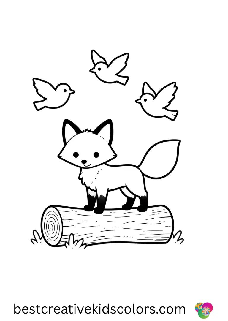 Free fox colouring Pages feature a fox balancing on a log while birds fly overhead.