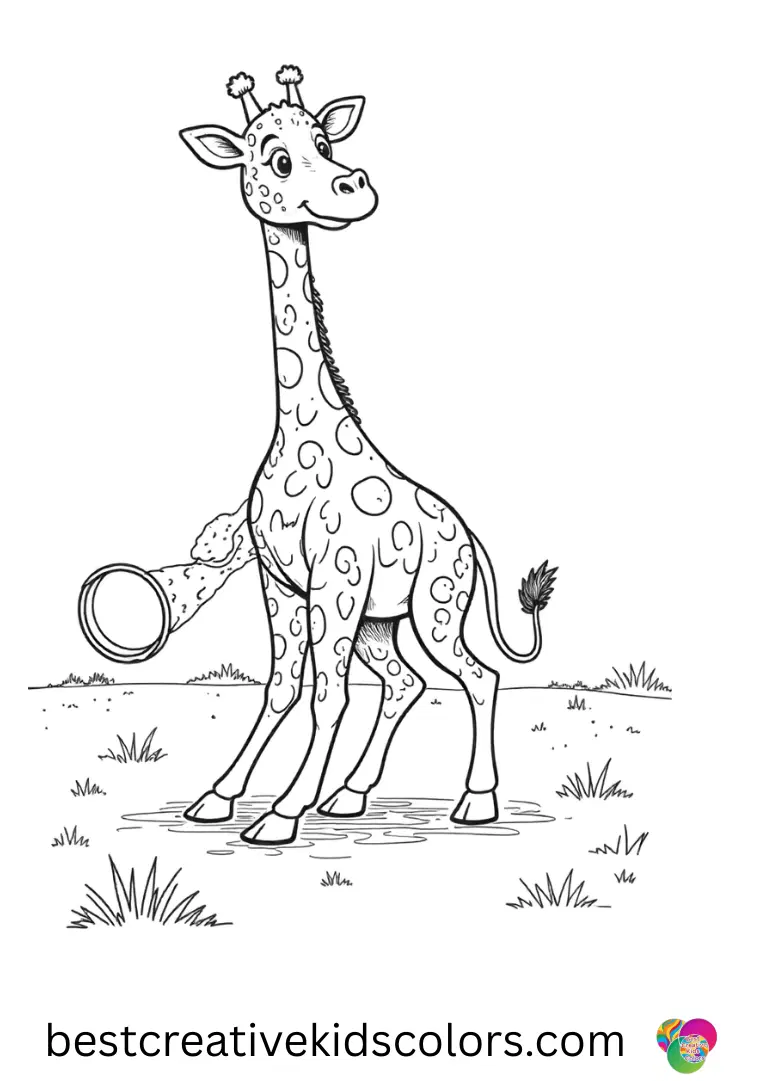 A giraffe rolls a hoop with its legs across a field in Free giraffe coloring pages printable.