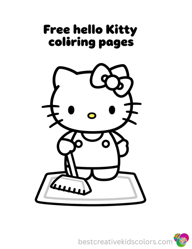 Hello Kitty actively sweeps a small floor rug in Free hello kitty printable coloring pages.