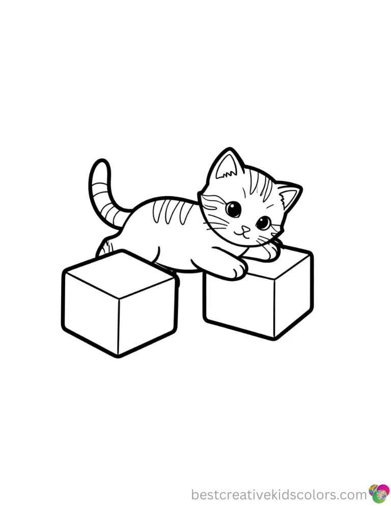 A kitten tumbles a soft foam block across the floor in Free images of kittens to color.