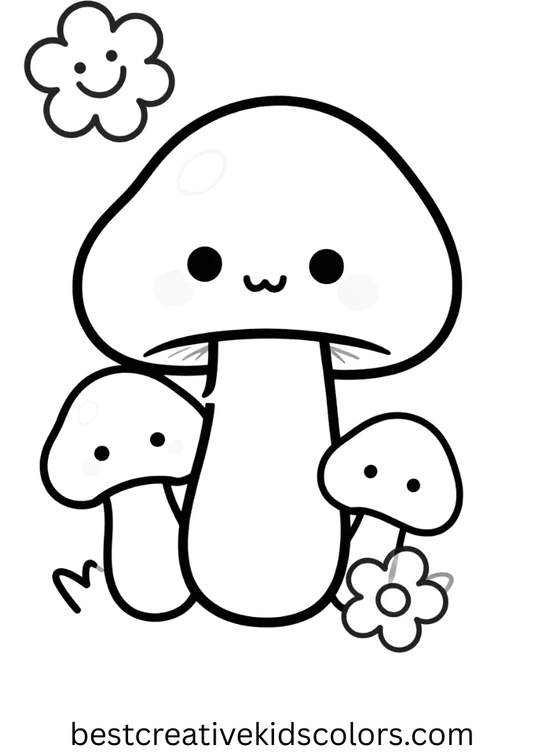 Decorate cute mushrooms and smiling flowers in these Free kawaii coloring pages sheets.