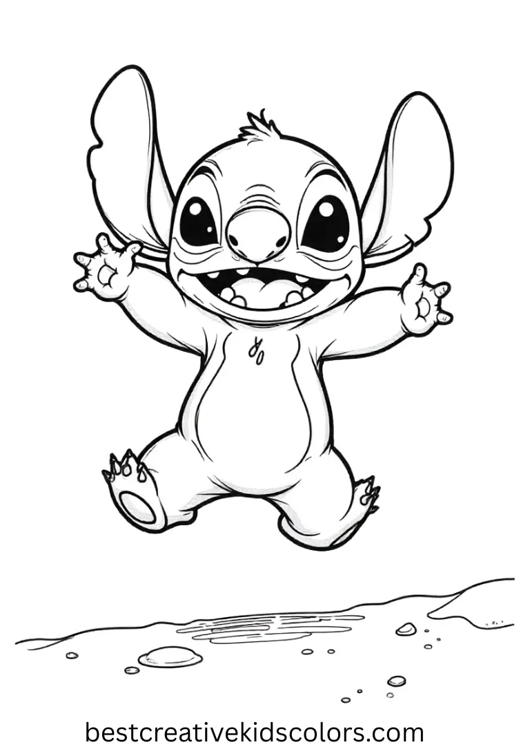 Free printable Stitch Template shows Stitch jumping on golden beach sand joyfully.