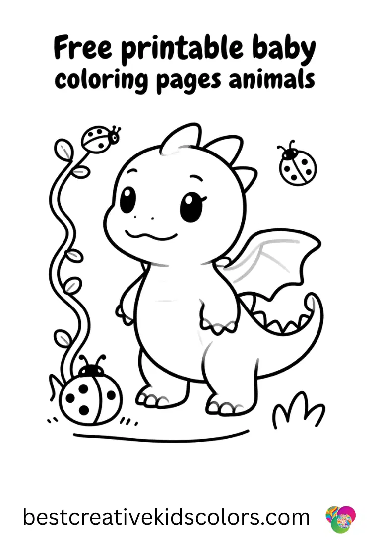 A dragon watches ladybugs crawl along twisted vines in Free printable baby dragon coloring pages animals.