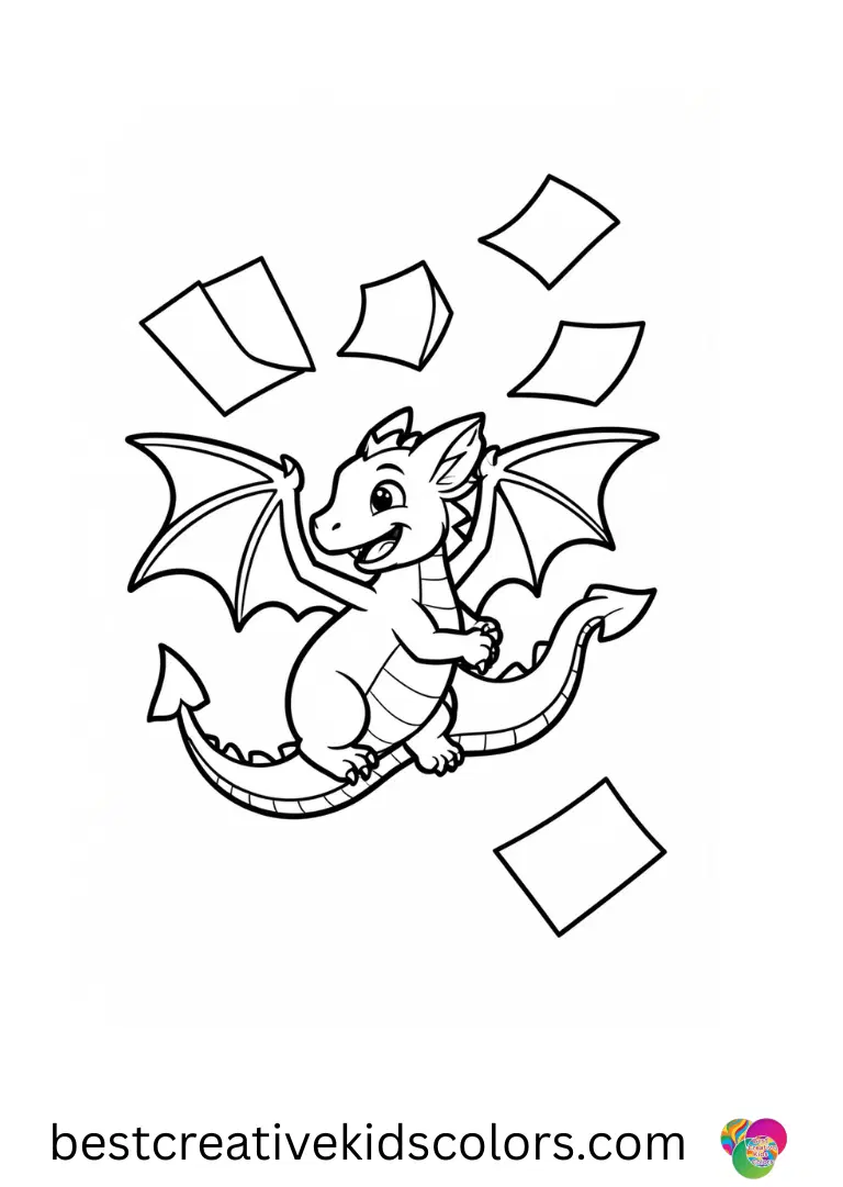 Free printable baby dragon coloring pages disney shows a dragon following floating paper shapes.