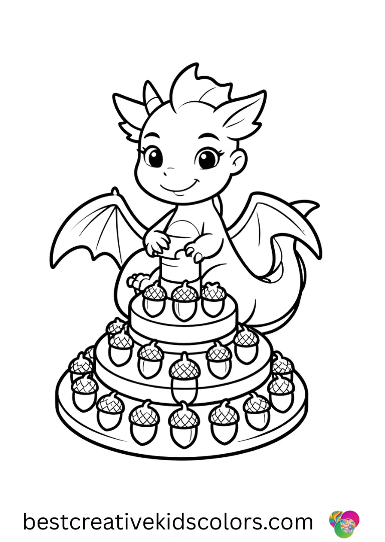 A baby dragon stacks tiny acorn caps in circles in Free printable baby dragon coloring pages pdf.