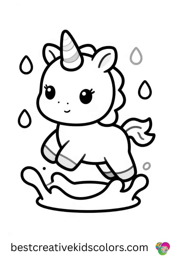 A baby unicorn splashes in a gentle pond in these free printable baby unicorn coloring pages.