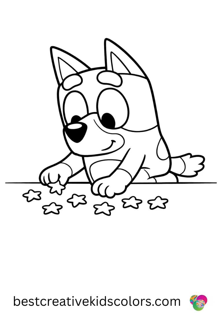 Bluey places miniature soft stars onto a blank surface in Free printable bluey activity sheets for kids.