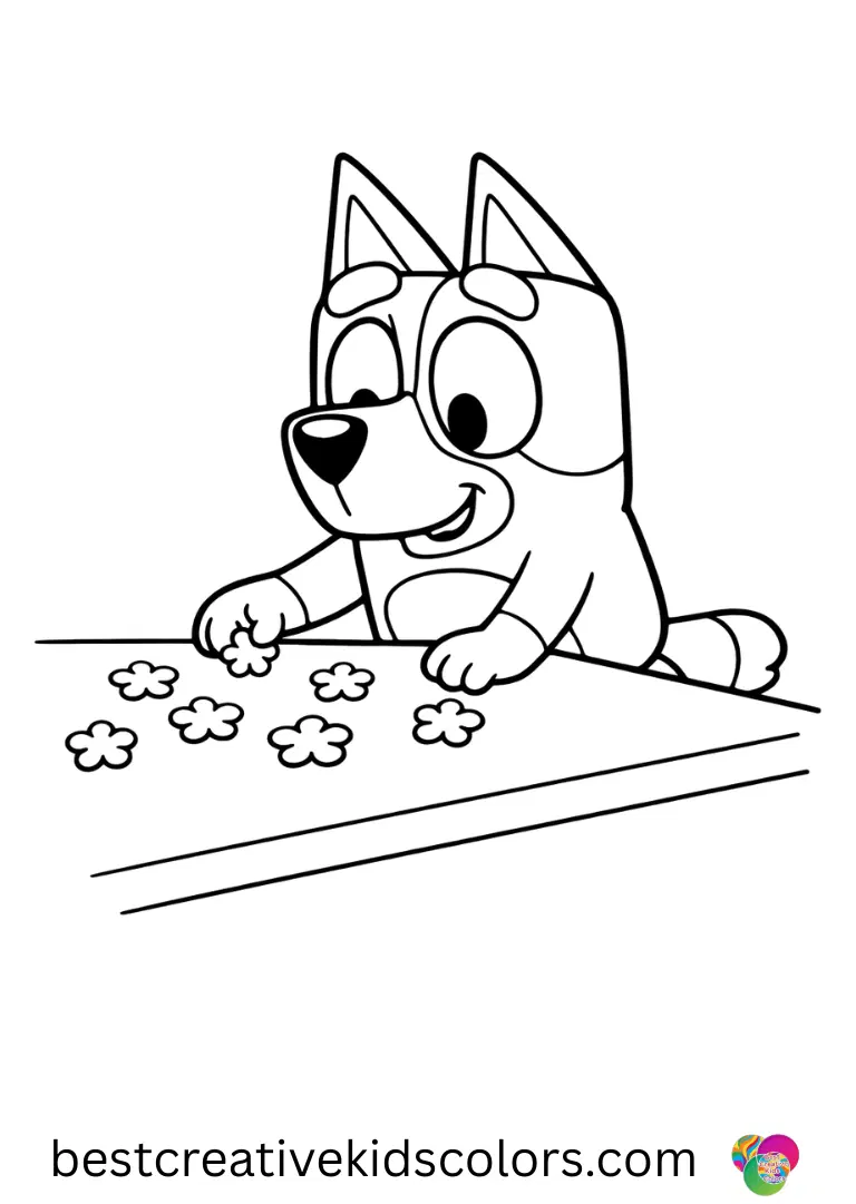 Bluey kneels to sprinkle small felt flowers gently across a smooth table in Free printable bluey activity sheets for toddlers.