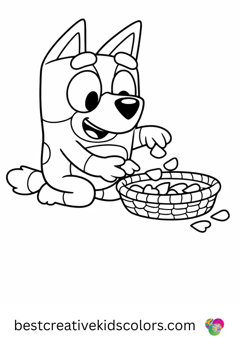 Free printable bluey activity sheets pdf features Bluey passing small paper petals into a shallow basket.