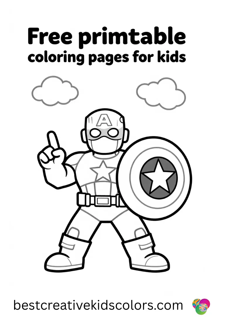 Tracing cloud shapes with his finger, Free printable captain america coloring pages for kids shows curiosity.