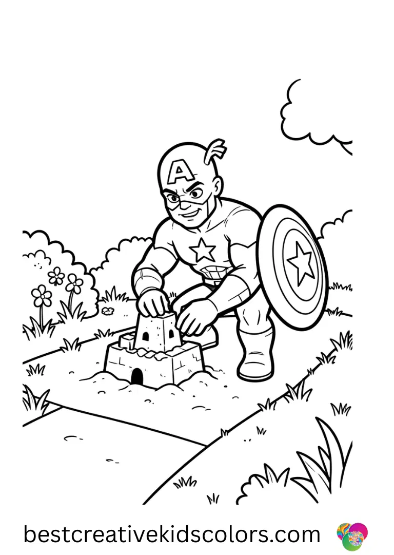 Free printable captain america enjoys building a tiny sandcastle near a garden path.
