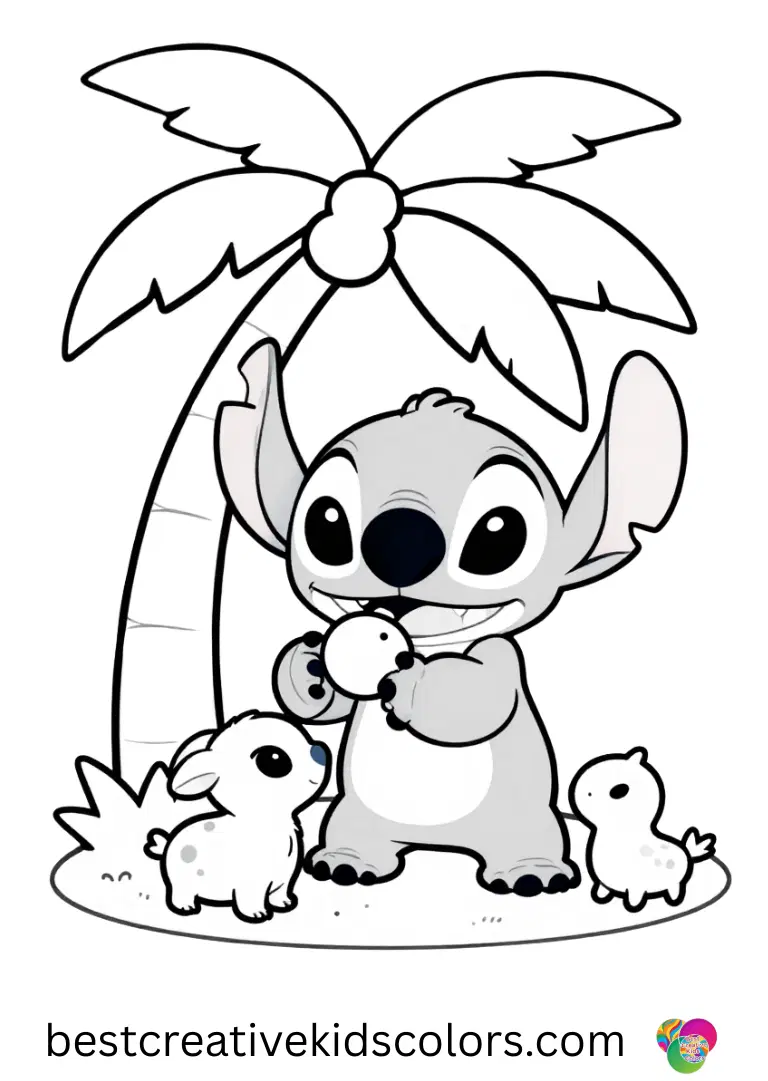 Stitch feeds tiny island animals under a palm tree in Free printable coloring pages for kids stitch animals.