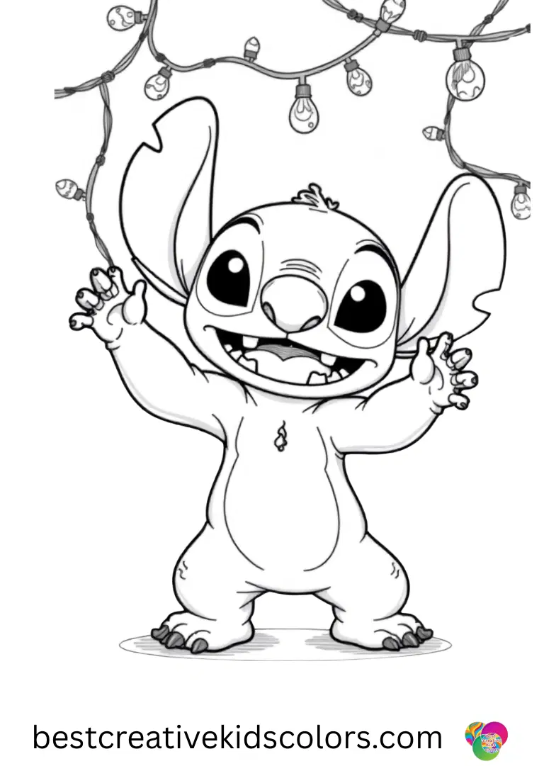 In Free printable coloring pages for kids stitch disney, Stitch dances with sparkling fairy lights around him.