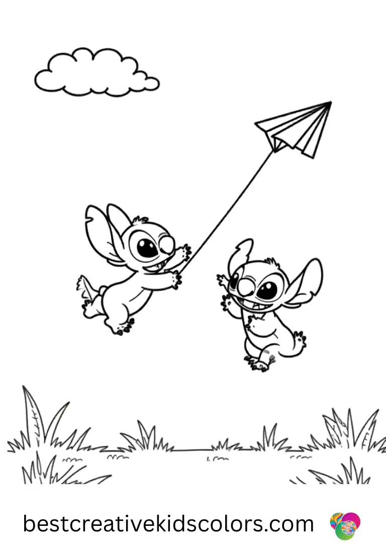 Free printable coloring pages for kids stitch lilo captures Stitch and Lilo flying paper airplanes on the lawn.